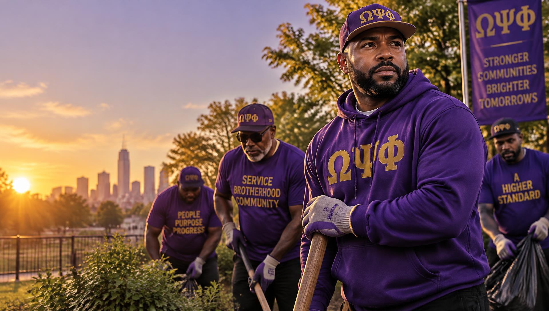 Brothers of Omega Psi Phi serving their community at sunset
